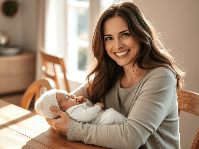 Mom with newborn at dinner table